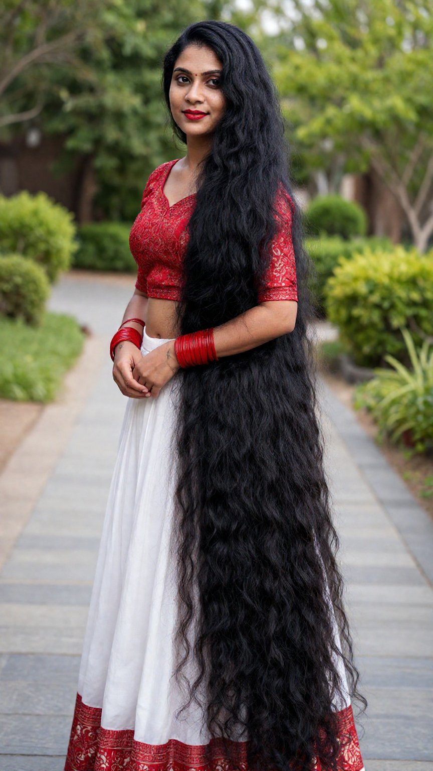 Very very long hair Photograph of a South Asian woman standing outdoors on a paved pathway with a blurred green garden in...