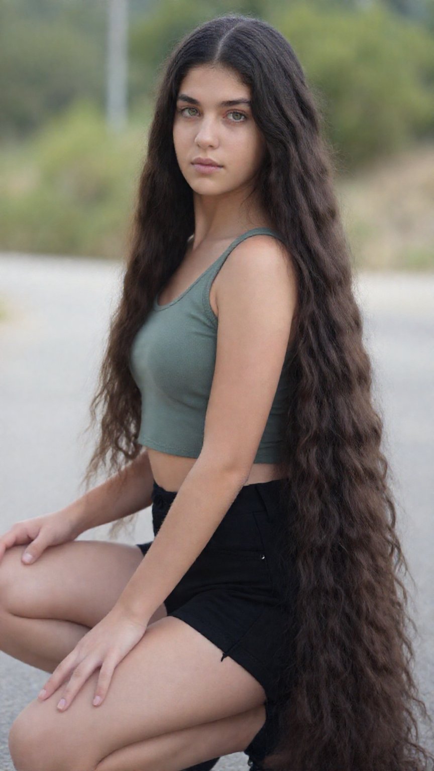 Very very long hair Photograph of a young woman with long wavy dark brown hair cascading down her back. She has fair skin...