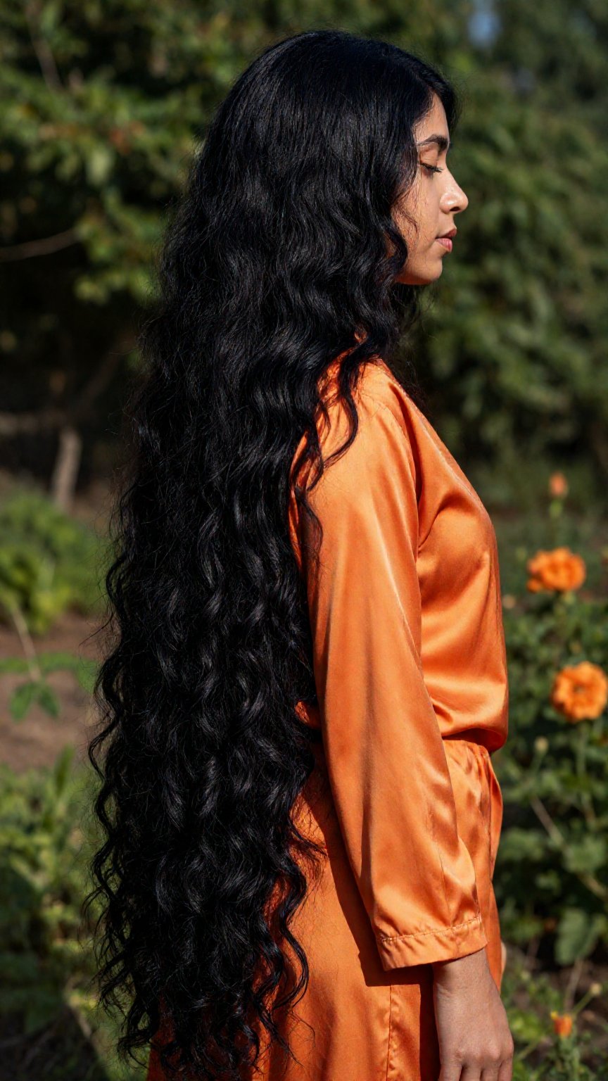 Very very long hair Photograph of a young woman with long wavy black hair standing in profile. She has medium brown skin a...