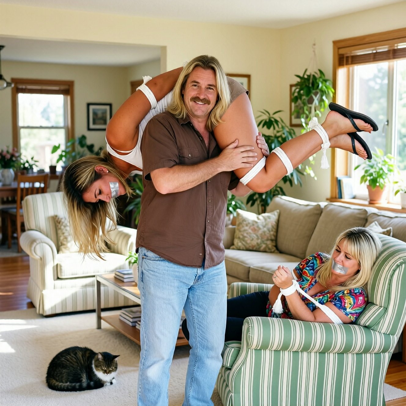 In an indoor setting in a living room,  a man with long,  blonde hair stands in the center by z-krd on Tensor.Art