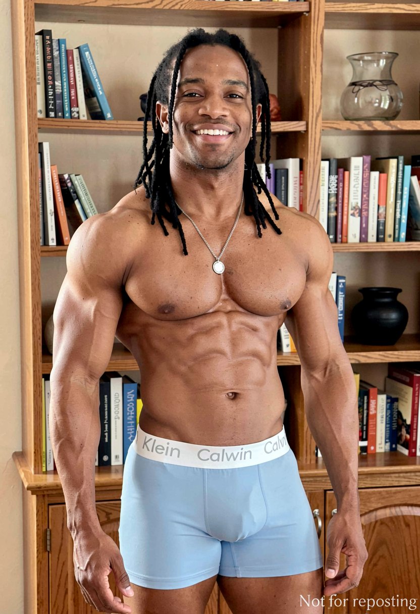 fikshun,  This photograph features a muscular,  African-American man standing in a room with wooden bookshelves in the bac...