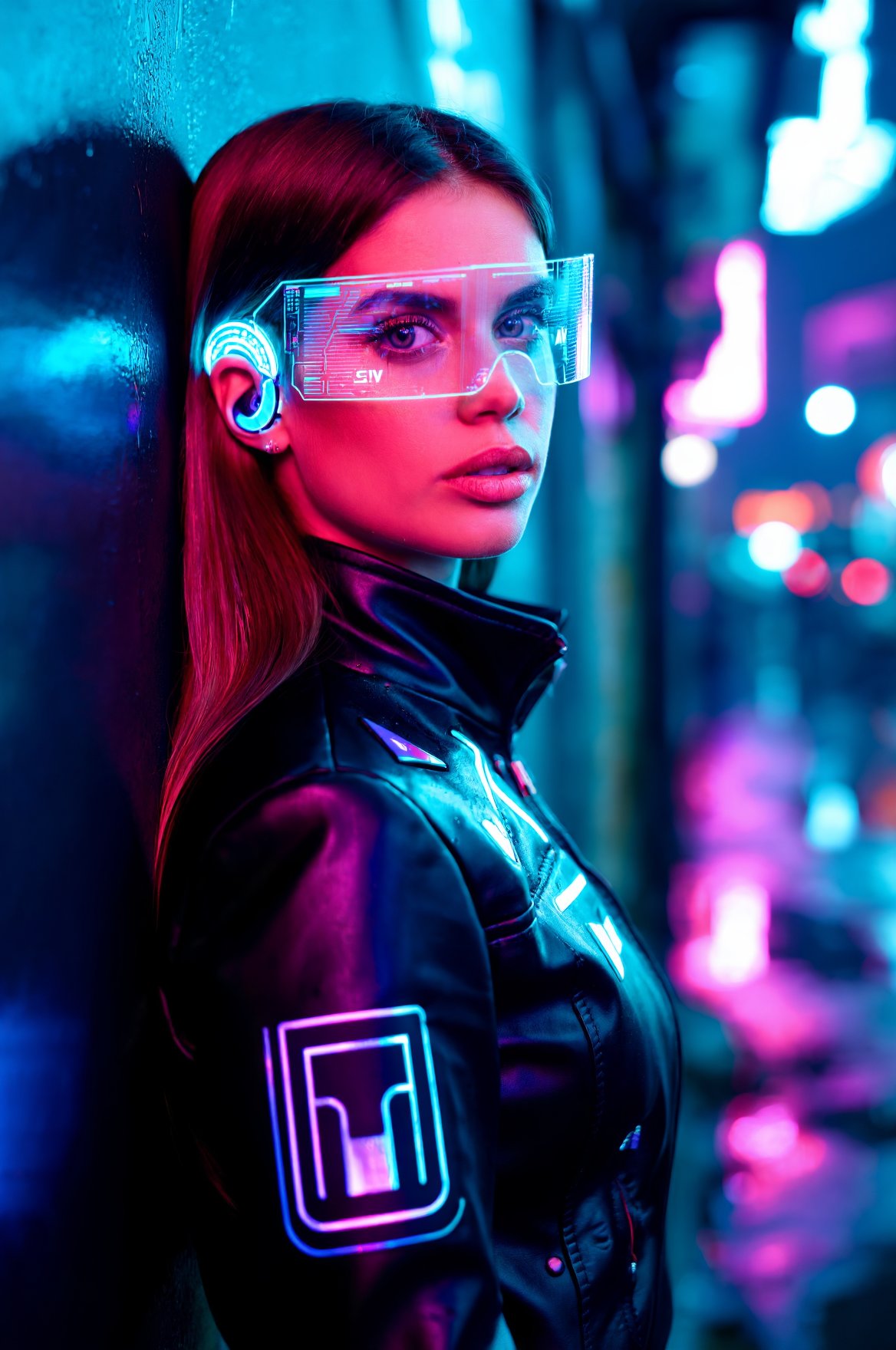 SUBJECT: woS4I0,  woman with long brown hair and intense gaze CLOTHING: futuristic black leather jacket with illuminated d...
