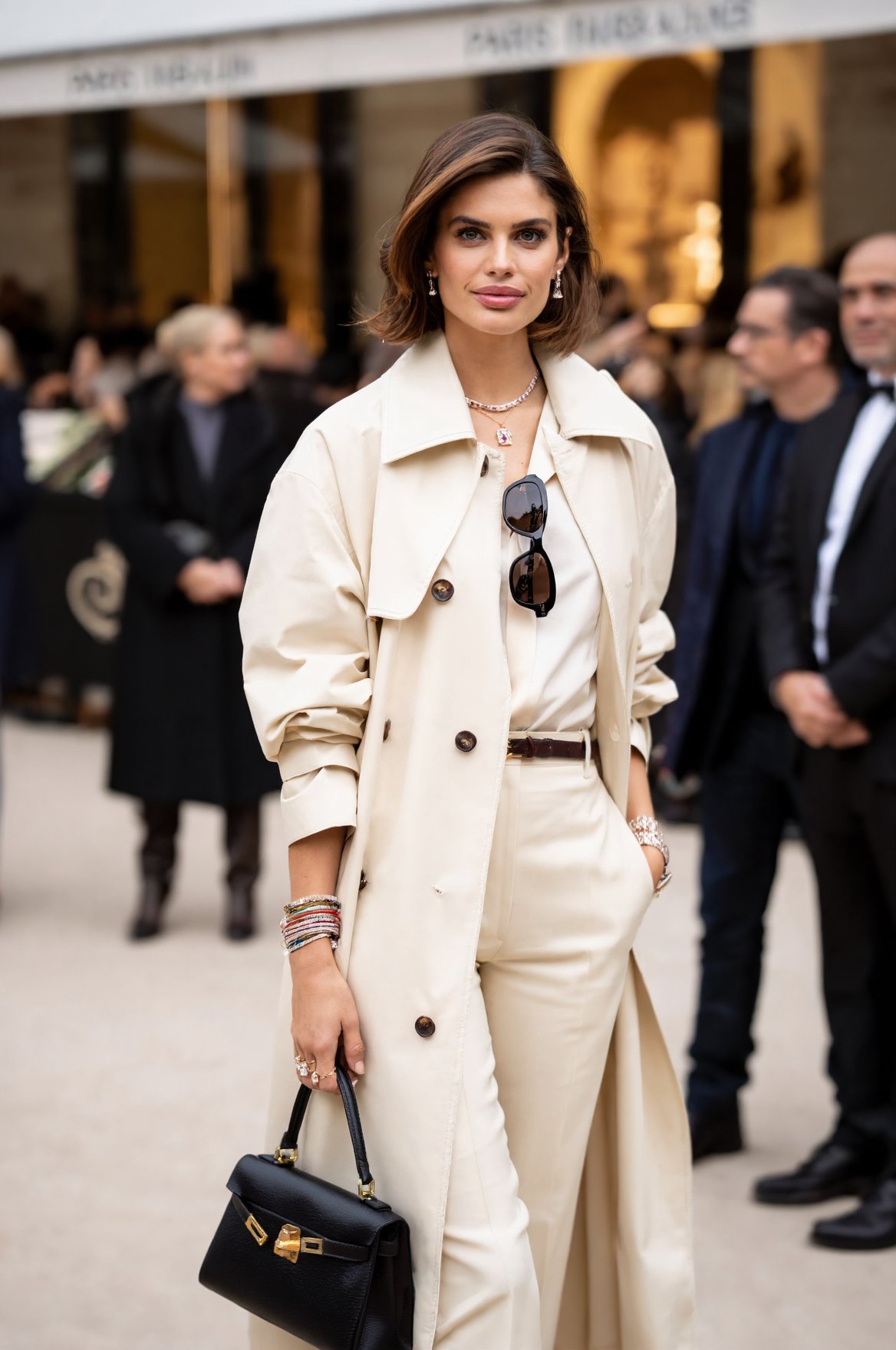Fashion portrait of woS4I0,  stylish brown-haired fashion icon,  wearing an oversized designer trench coat and tailored tr...