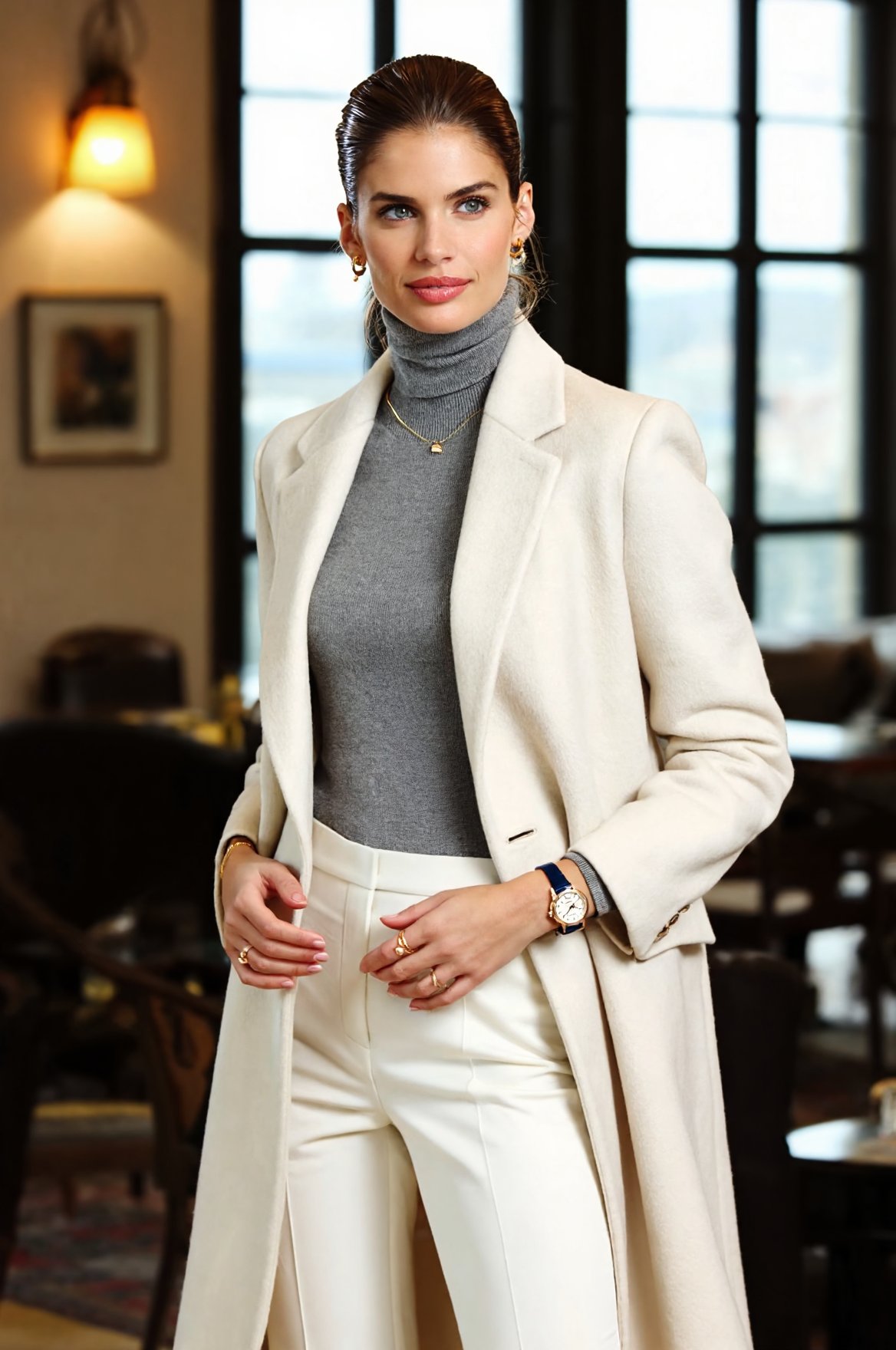 SUBJECT: woS4I0,  elegant woman with glossy brown hair CLOTHING: cashmere turtleneck and tailored wool coat ACCESSORIES: s...