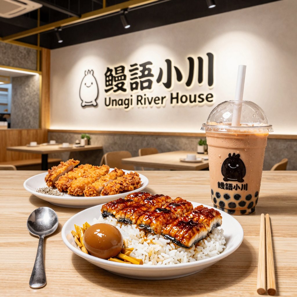 水平視角構圖,  超寫實商業美食攝影,  台灣現代化精品鰻魚專門店室內場景 by CuteQ2025 on Tensor.Art