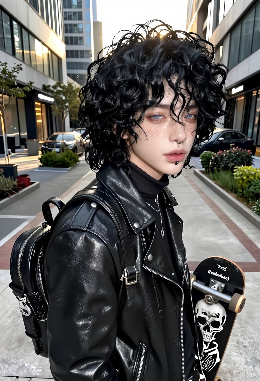 photorealistic street photography,  alternative young man,  black curly medium-length hair by Juon on Tensor.Art