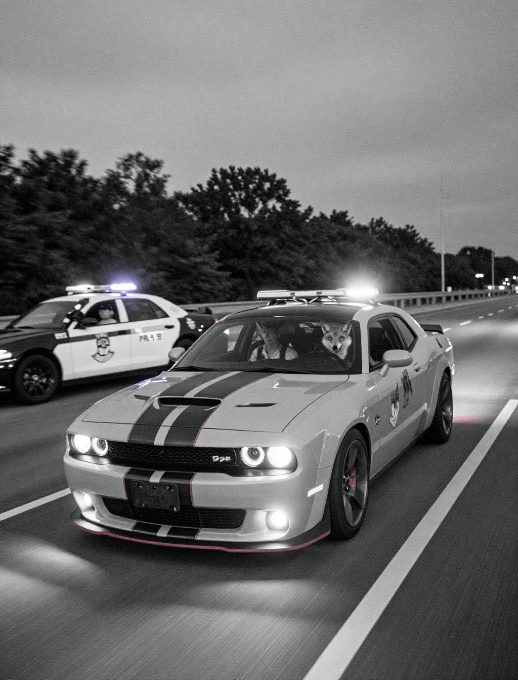 Deep night. Dodge challenger SRT 392 with fox as pilot speeding on the highway. Hunted by a police car with colored flashi...