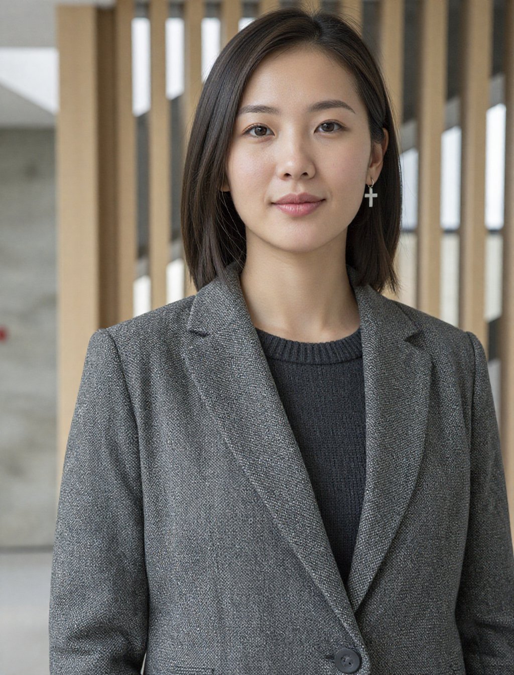 A young East Asian woman with shoulder-length dark hair stands in a professional interior,  her expression soft and compos...