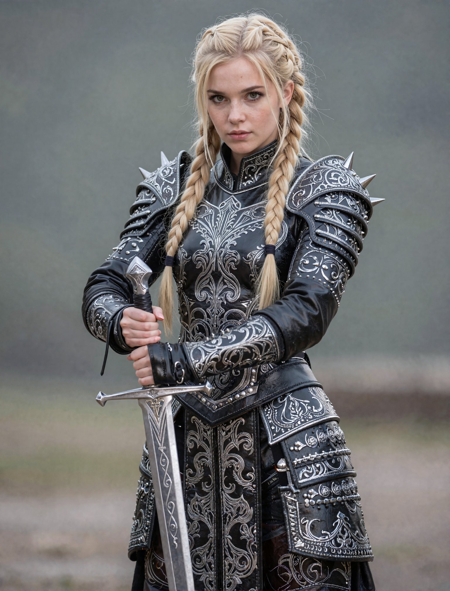 A young woman with long blonde hair styled in twin braids stands in a three-quarter pose,  gripping an ornate longsword wi...