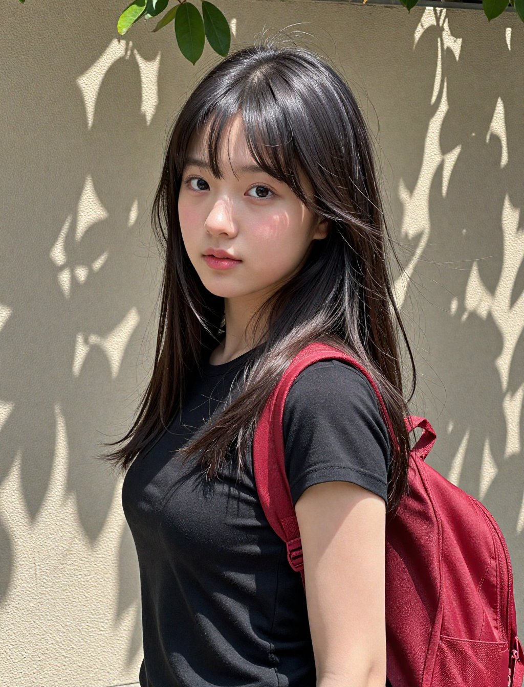 Beautiful young Japanese girl with long silky black hair and soft wispy bangs,  large expressive dark eyes,  fair glowing...