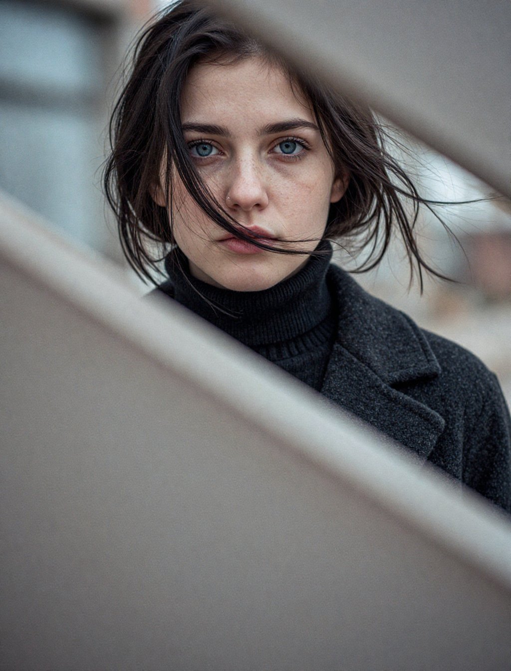 A close-up portrait of a young woman with striking blue eyes,  abundant freckles,  and wind-swept dark hair. She wears a b...