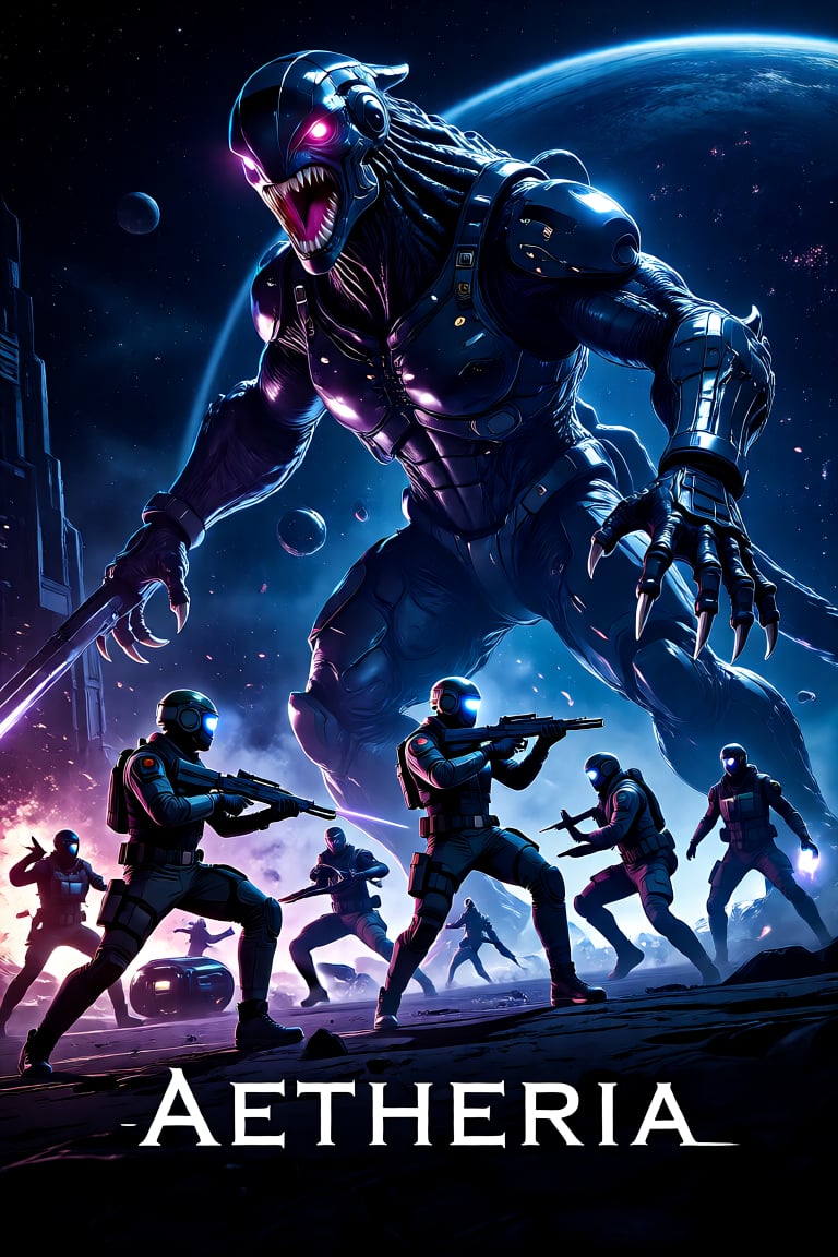 "Aetheria,  a group of sci-fi soldiers battling a giant space monster,  dynamic pose by Izmys on Tensor.Art