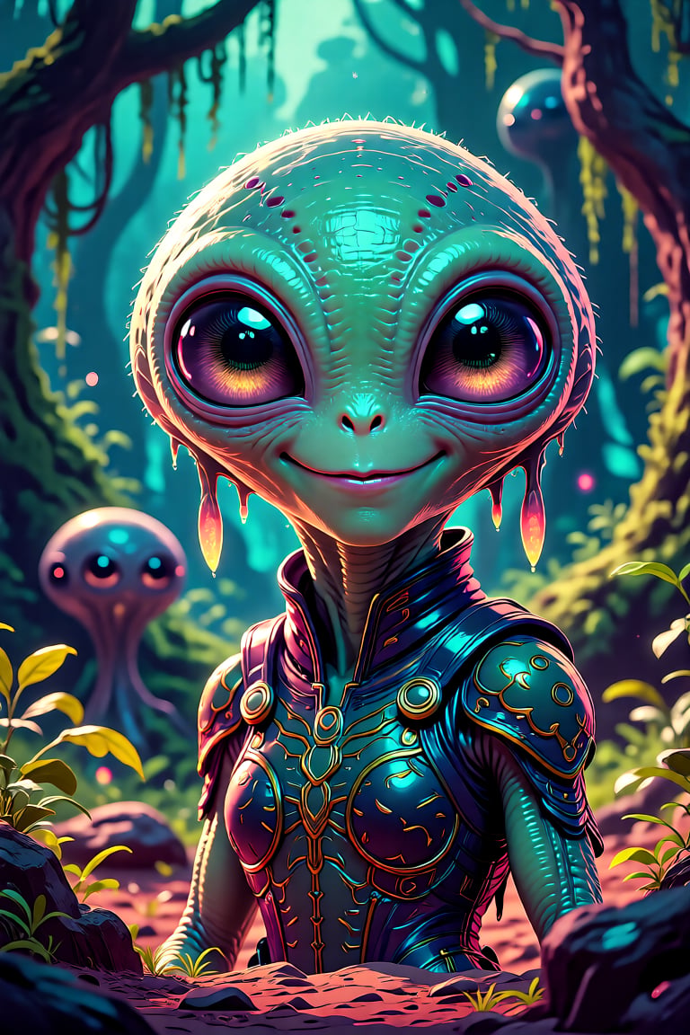 Aetheria,  a friendly alien with large eyes and a gentle smile,  standing in a lush alien forest by Izmys on Tensor.Art