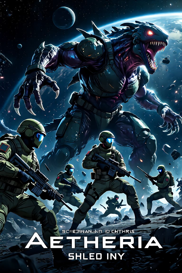 "Aetheria,  a group of sci-fi soldiers battling a giant space monster,  dynamic pose by Izmys on Tensor.Art
