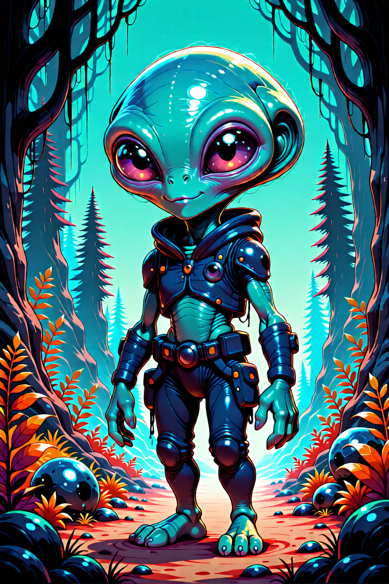 Aetheria,  a friendly alien with large eyes and a gentle smile,  standing in a lush alien forest by Izmys on Tensor.Art