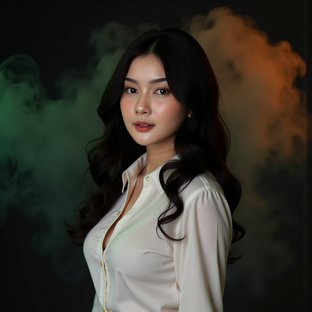 This image is an evocative,  high-definition picture of a breathtaking beautiful model captured in a low-light background....