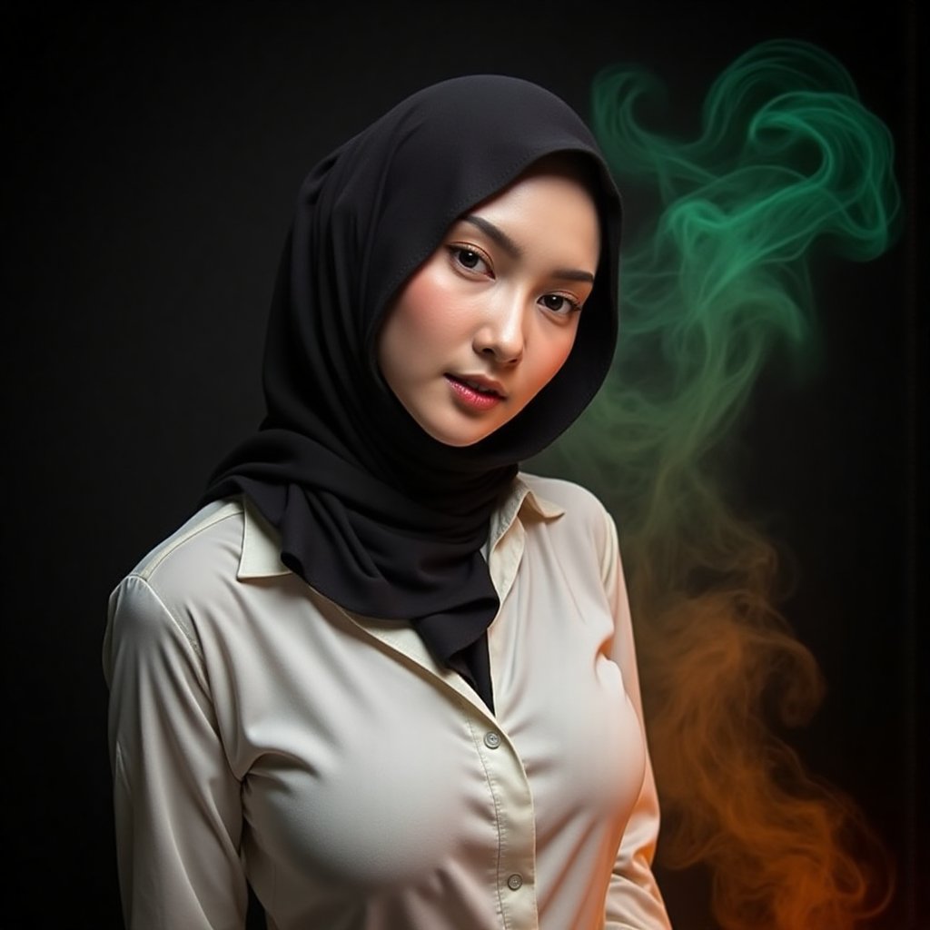 This image is an evocative,  high-definition picture of a breathtaking beautiful hijab-wearing model captured in a low-lig...