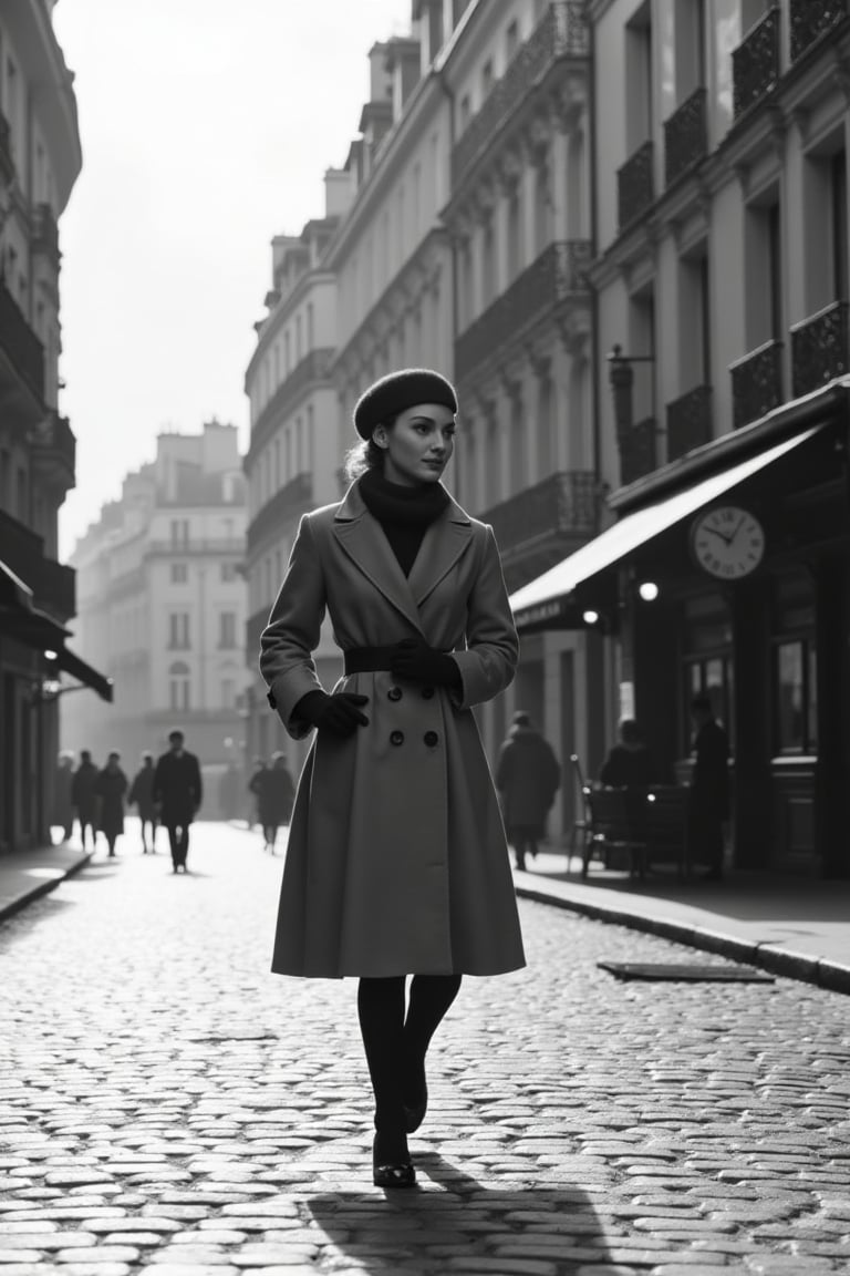 1950s Paris street scene,  medium-wide shot,  cobblestones glistening under soft overcast light by Frazz99 on Tensor.Art