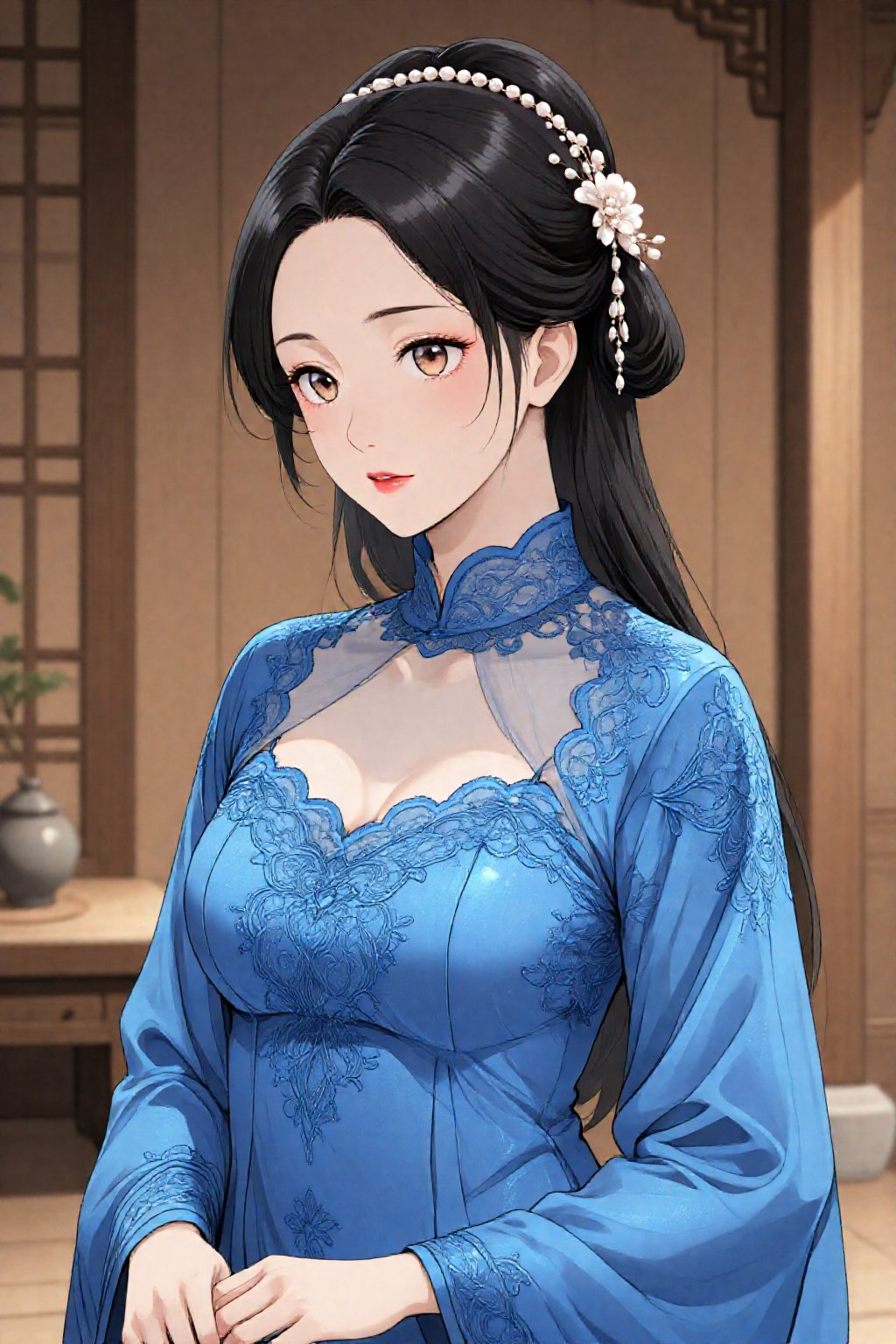 a young woman with a serene expression. She has long,  dark hair styled into a classic updo,  adorned with intricate hairp...