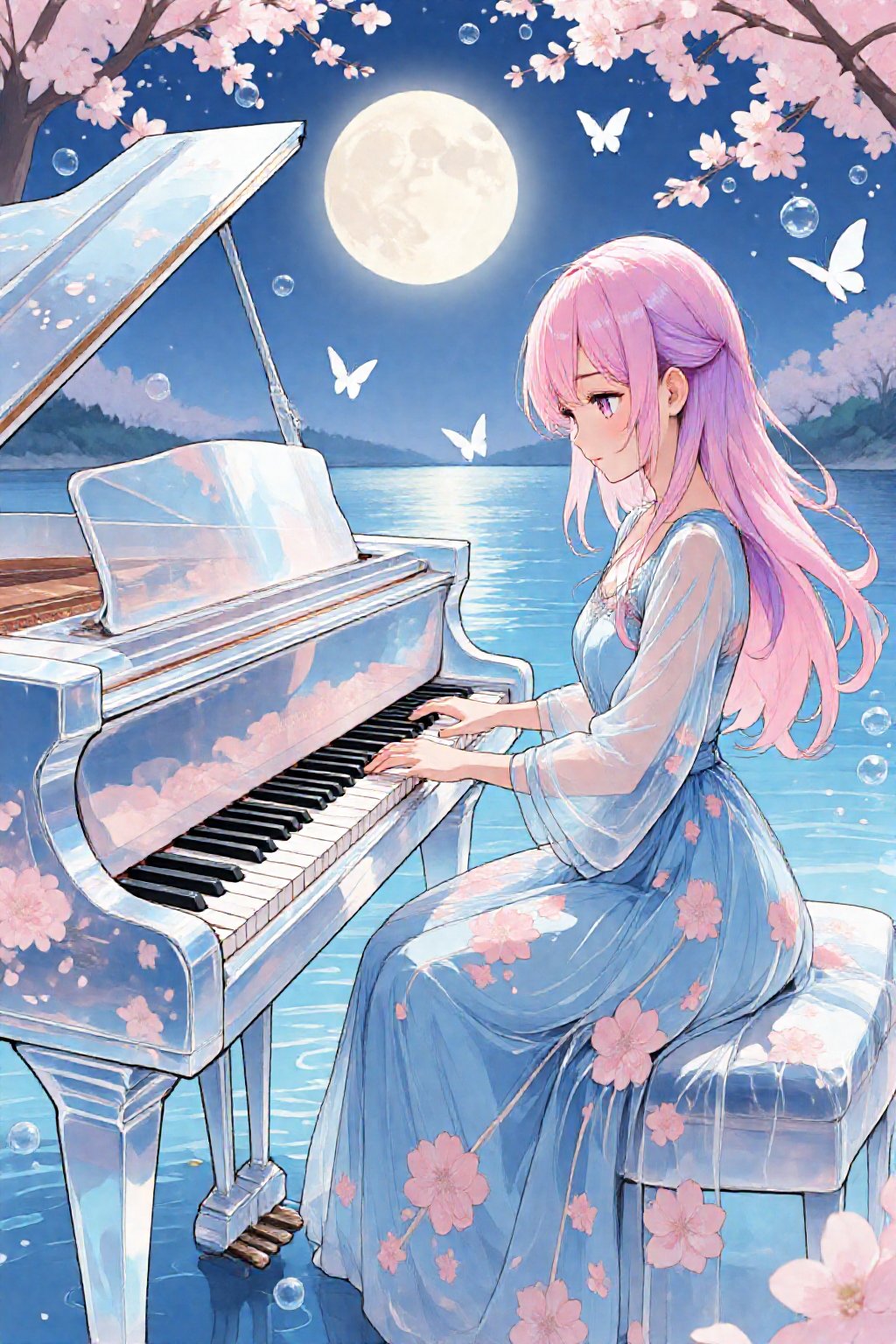A girl with long pink and purple hair,  is seated and playing a grand piano. She wears a flowing,  semi-transparent blue g...