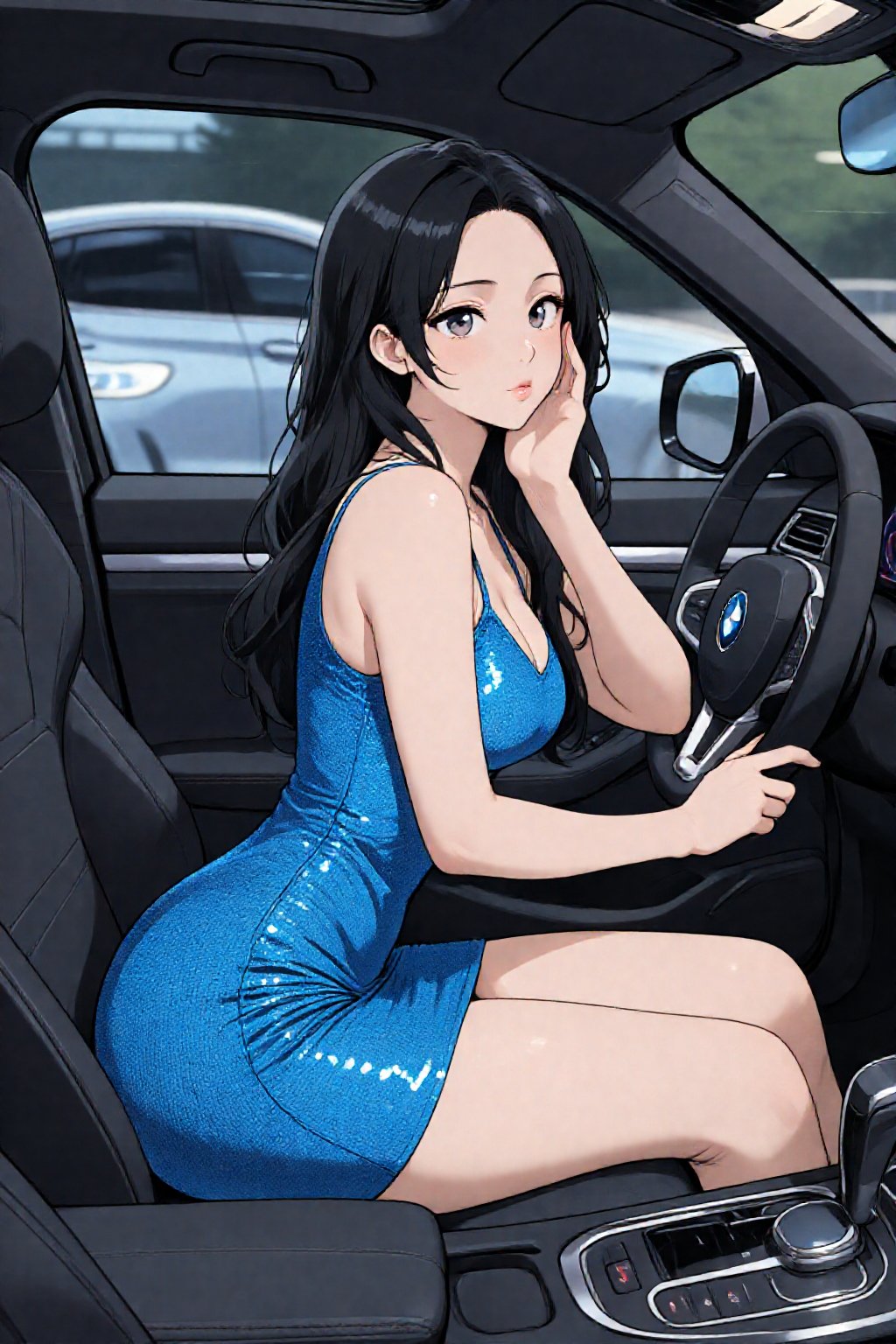 a girl seated in the driver's seat of a luxury car,  likely a BMW based on the steering wheel and center console details....