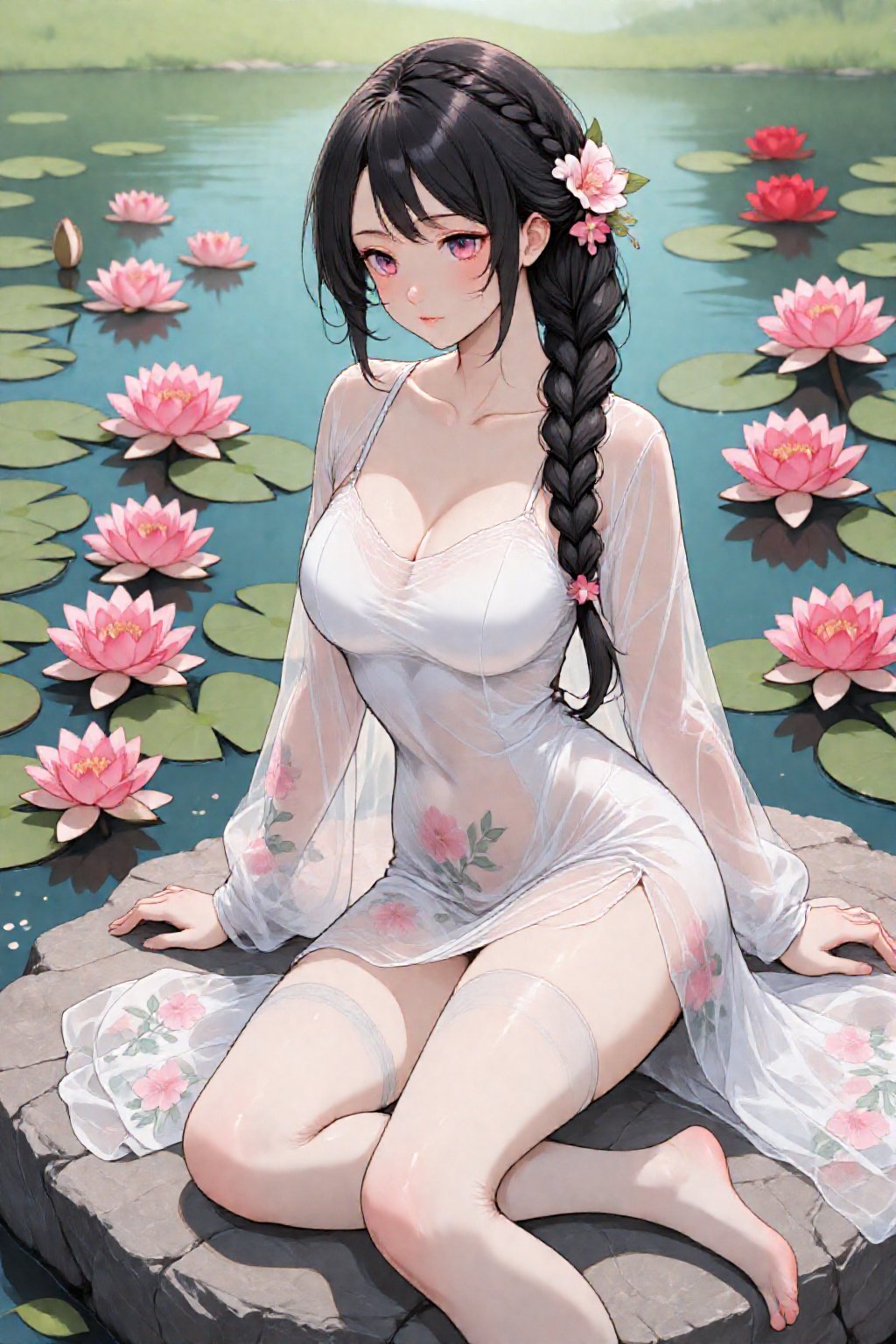 a beautiful,  fair-skinned woman with long,  dark hair styled in intricate braids adorned with flowers. She sits gracefull...
