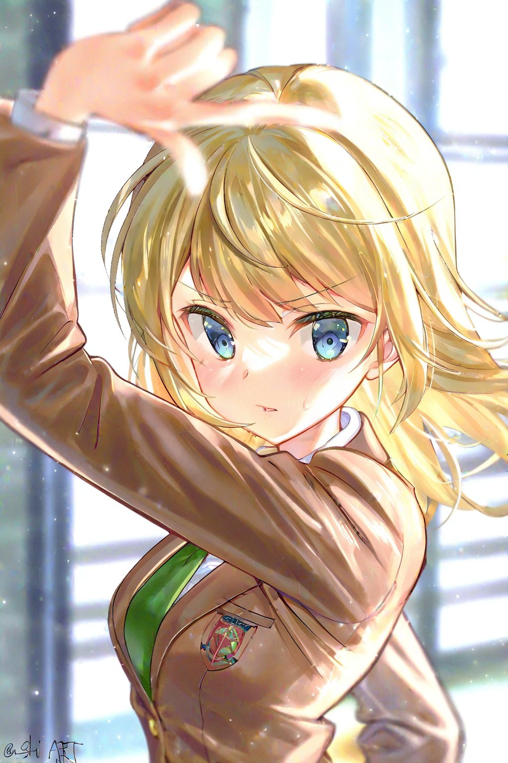 (ESSENTIAART),  depth of field,  1girl with blonde hair and blue eyes in a cute solo pose by MasteRaccoonMan on Tensor.Art