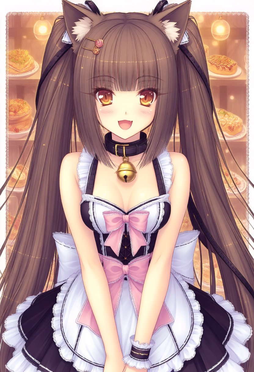 A masterpiece digital anime illustration of a cheerful catgirl with long,  voluminous twin-tailed brown hair,  adorned wit...
