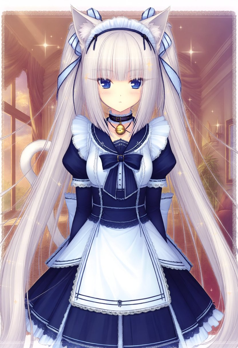 A breathtaking,  highly detailed digital anime artwork depicting a quiet and reserved catgirl with exceptionally long,  fl...