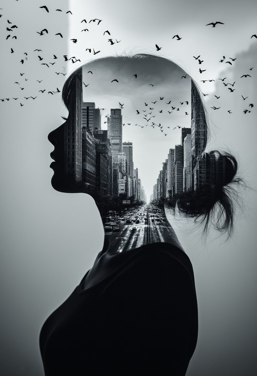 photorealistic silhouette of woman's head,  within which there appears to be a cityscape with buildings. (birds FLY BETWEE...