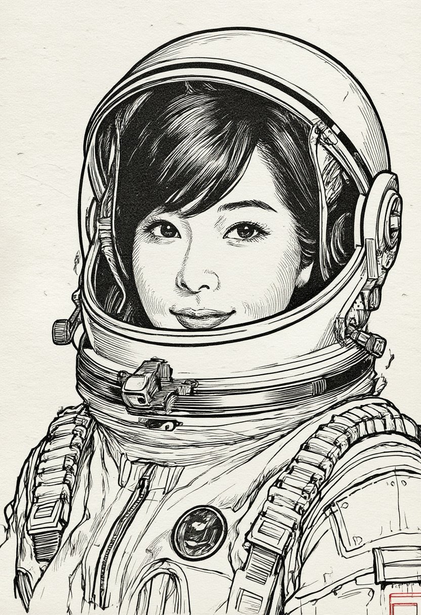 illustration of Japanese woman 1960s Astronaut in style of ink sketch on construction paper. ((intricate paper texture)) b...