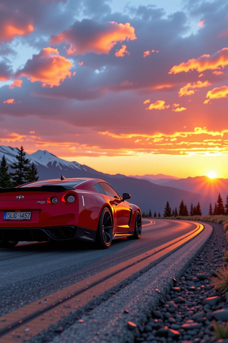 Ultra realistic sports car parked on mountain road at sunset,  golden hour lighting,  dramatic sky by Initial-D on Tensor.Art