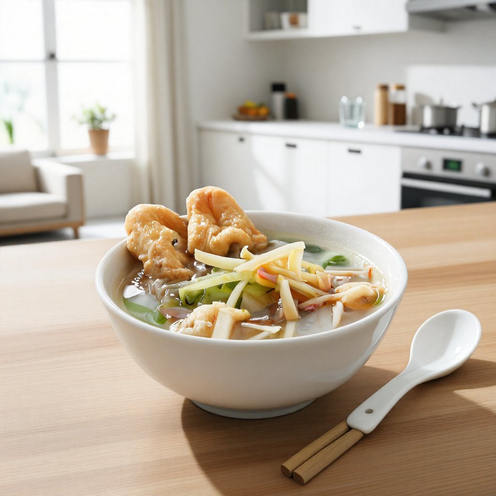 超寫實美食攝影,  以正宗台灣Fish Crisp Soup為絕對主體。水平視角（Eye-level Horizontal Composition）,  商業級8K食物攝影。 畫面中央是一碗熱騰騰的魚酥湯 by CuteQ2025 on Ten...