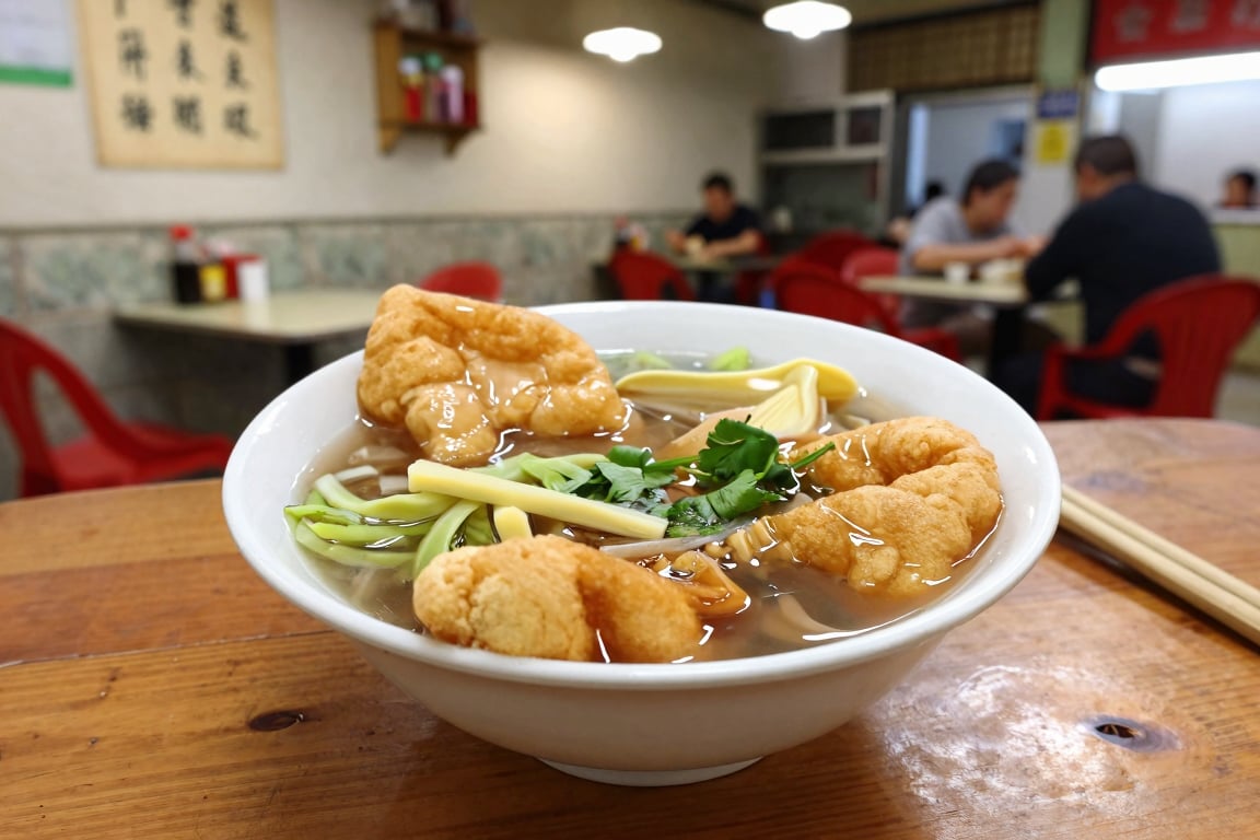 超寫實美食攝影,  以正宗台灣魚酥湯（Fish Crisp Soup／魚酥湯）為絕對主體。水平視角（Eye-level Horizontal Composition）,  商業級美食攝影。 畫面中央是一碗熱騰騰的魚酥湯 by CuteQ2025...