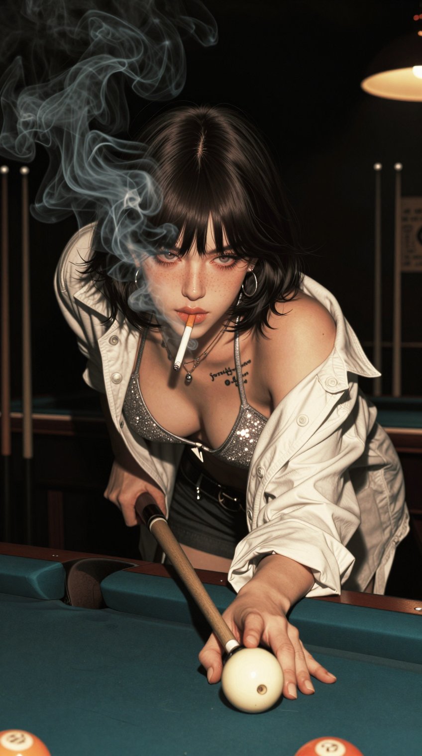 A super moody and cinematic shot of a cool girl with short dark hair and bangs,  leaning low over a pool table in a dimly...