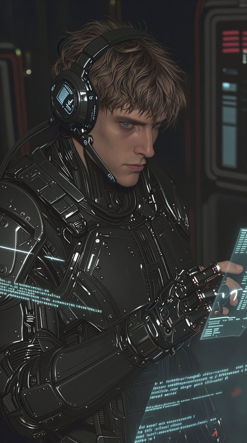 A masculine man with tousled light-brown hair wears a sleek,  black cybernetic headset with glowing blue interface element...
