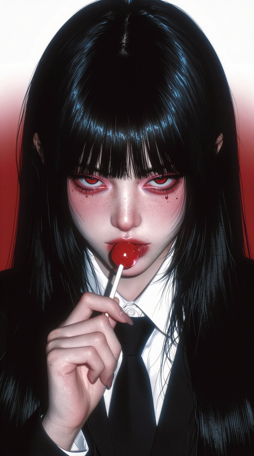 Viewed from a high angle,  a young woman with long,  straight black hair and full bangs looks intently upward. She holds a...