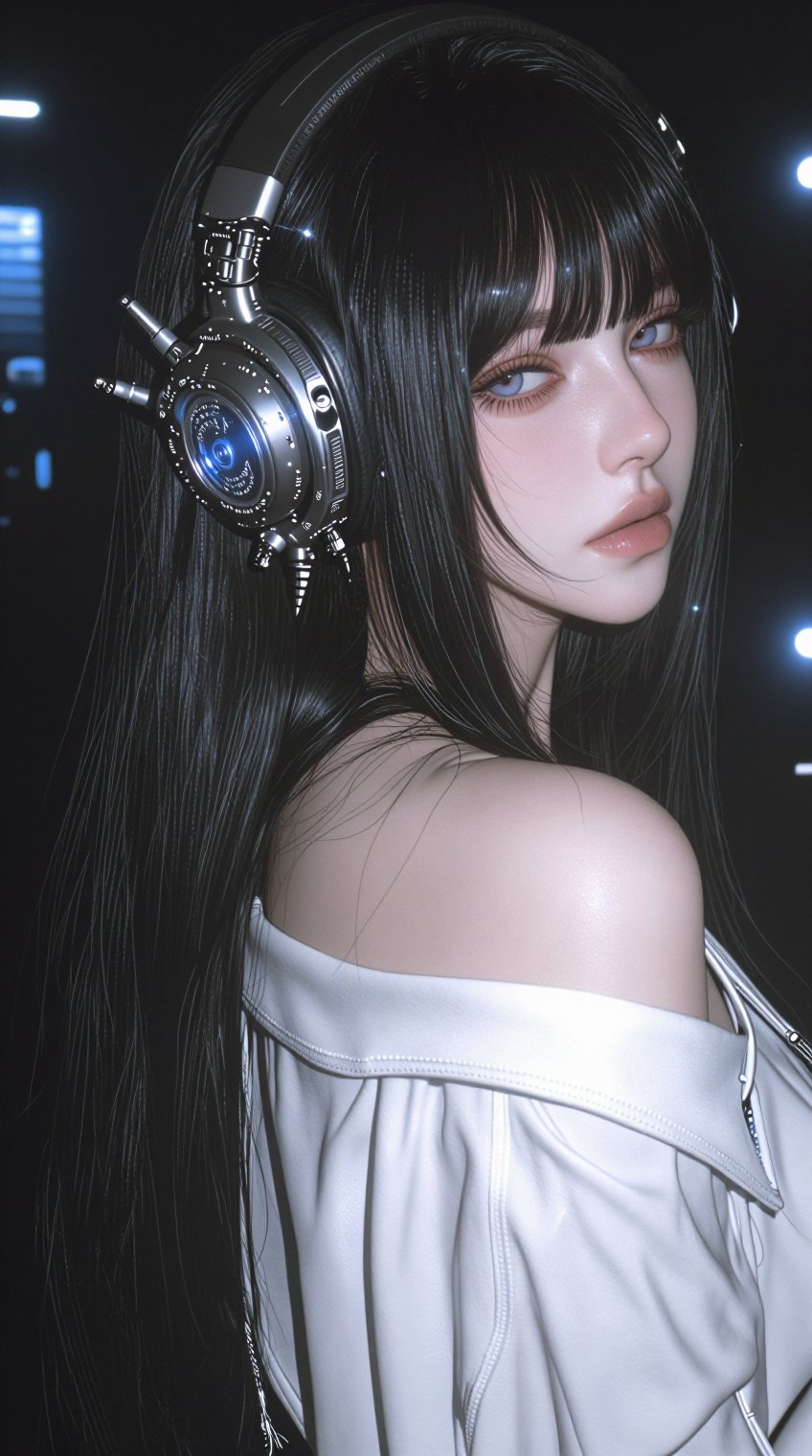 a young woman with long,  straight black hair and bangs is depicted in a futuristic setting,  she wears an off-shoulder wh...