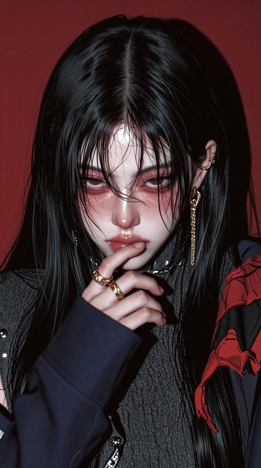 A young woman with long,  straight black hair and damp-looking bangs poses against a solid red background. Her pale face f...