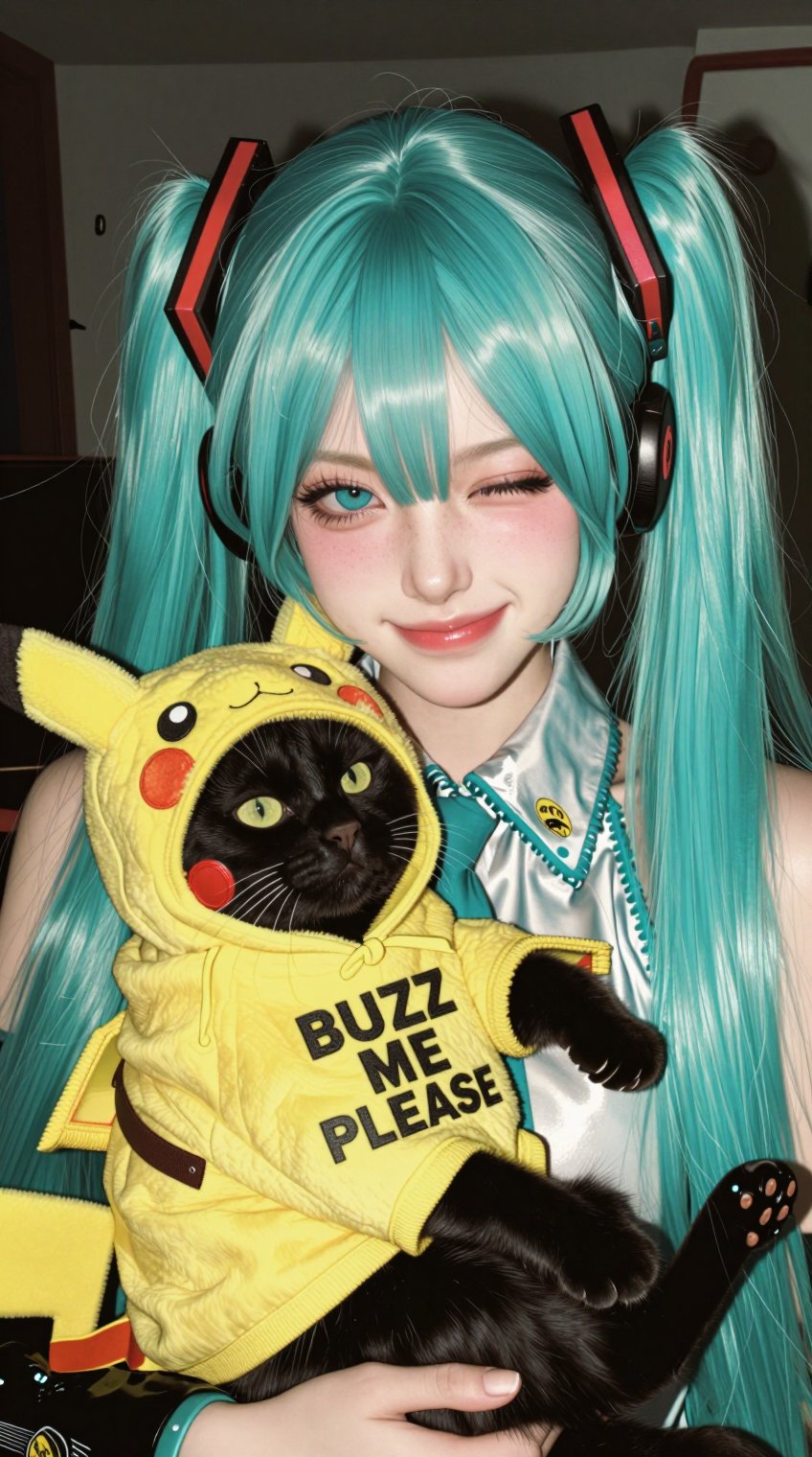 A quirky portrait depicts a young Caucasian woman in an improvised 1970s-style Hatsune Miku cosplay,  featuring long teal...