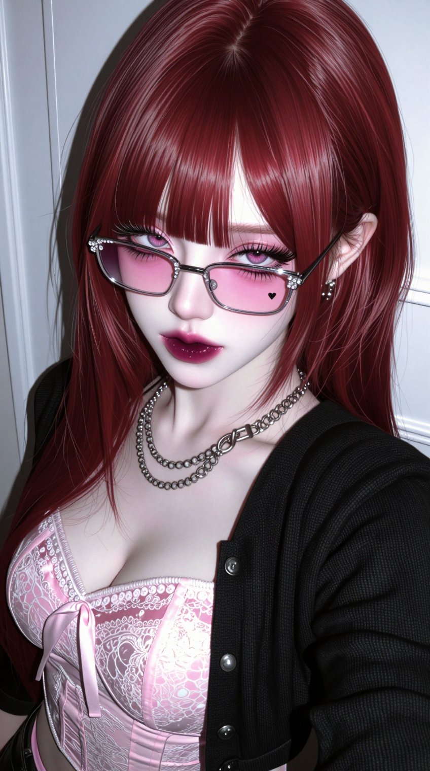 An ethereal close-up portrait of a young woman with a doll-like,  dark-coquette aesthetic posing indoors. She has sleek,...