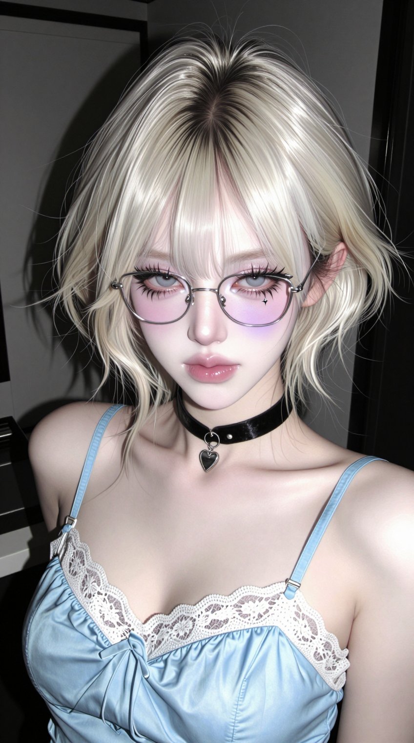 A stylized indoor flash portrait of a young woman with a moody cyber-coquette aesthetic. She has messy platinum blonde spa...