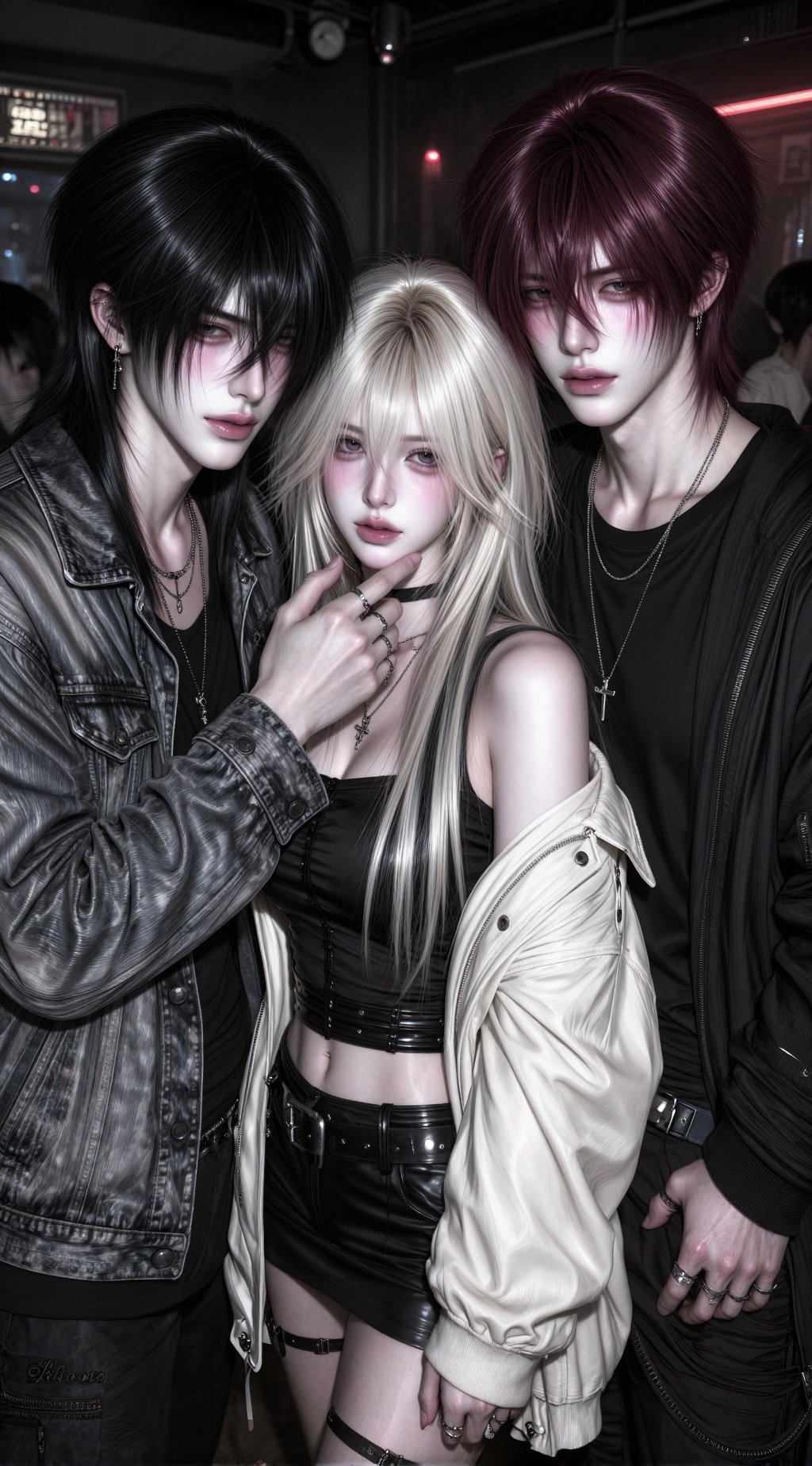 cinematic portrait,  1 young woman and 2 young men,  delicate facial features by nearme on Tensor.Art