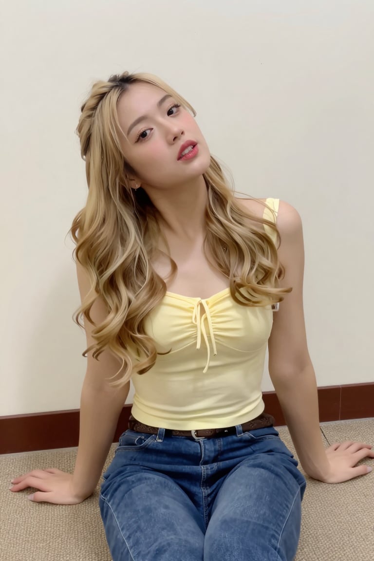 looking at viewer,  a young woman posing while sitting on a textured beige carpeted floor against a plain,  light-colored...