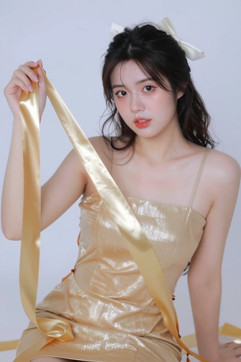 a photograph of 1girl with black hair,  wrapped in white bows and sitting,  wearing shiny golden dresses and holding large...