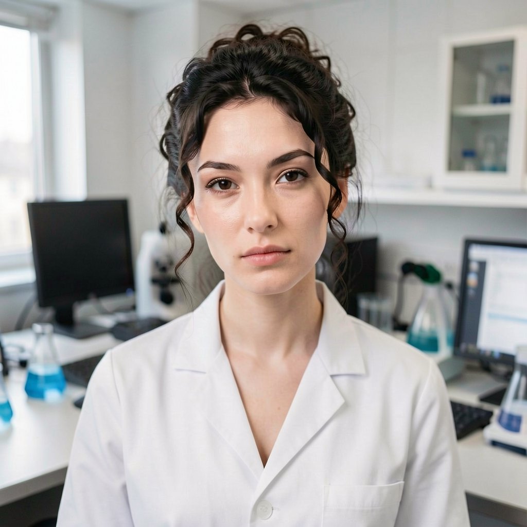 A young woman with dark curly hair styled in an updo,  wearing white laboratory suit. She has pale fair skin,  detailed sk...