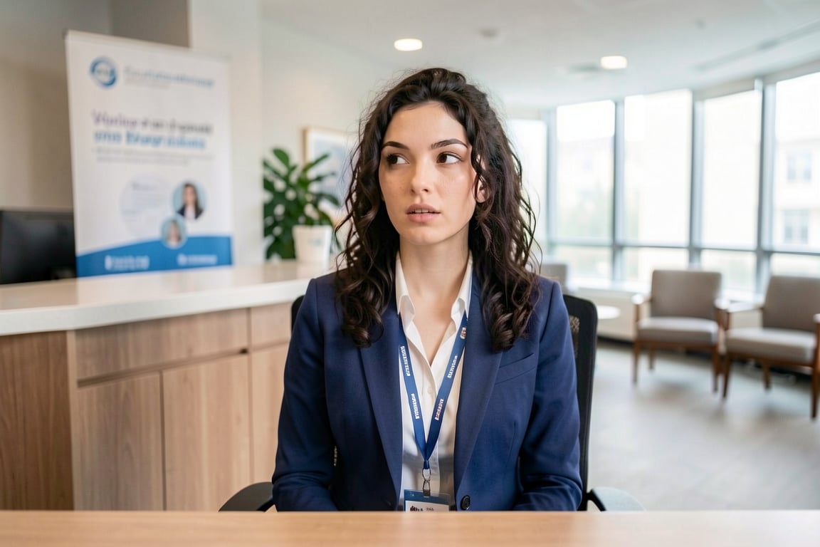 A young woman with medium dark curly hair,  wearing blue and white office suit,  employee lanyard hanging on her neck. She...
