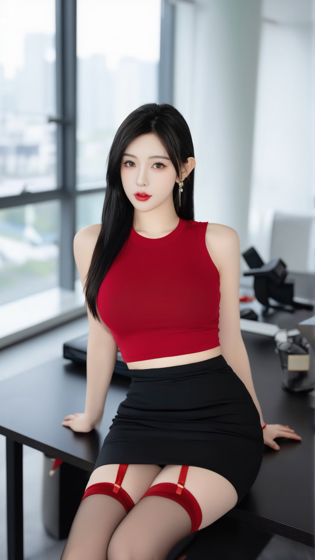 a photo-realistic shoot from the side about a young woman sitting on a table in a modern office setting,  wearing a red cr...