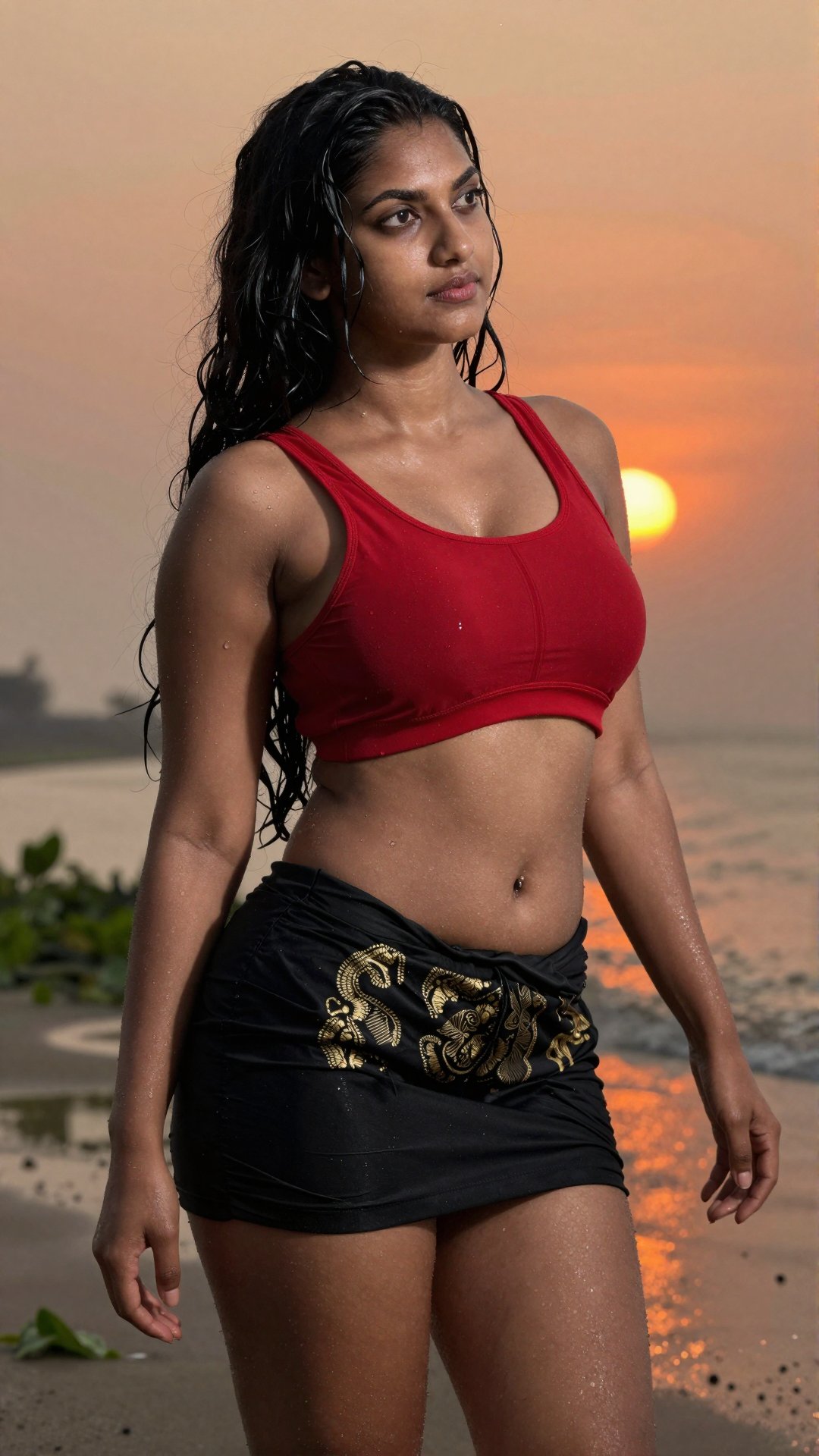 A woman with long,  wet,  black hair stands on a beach at sunset by LoRa Factory on Tensor.Art