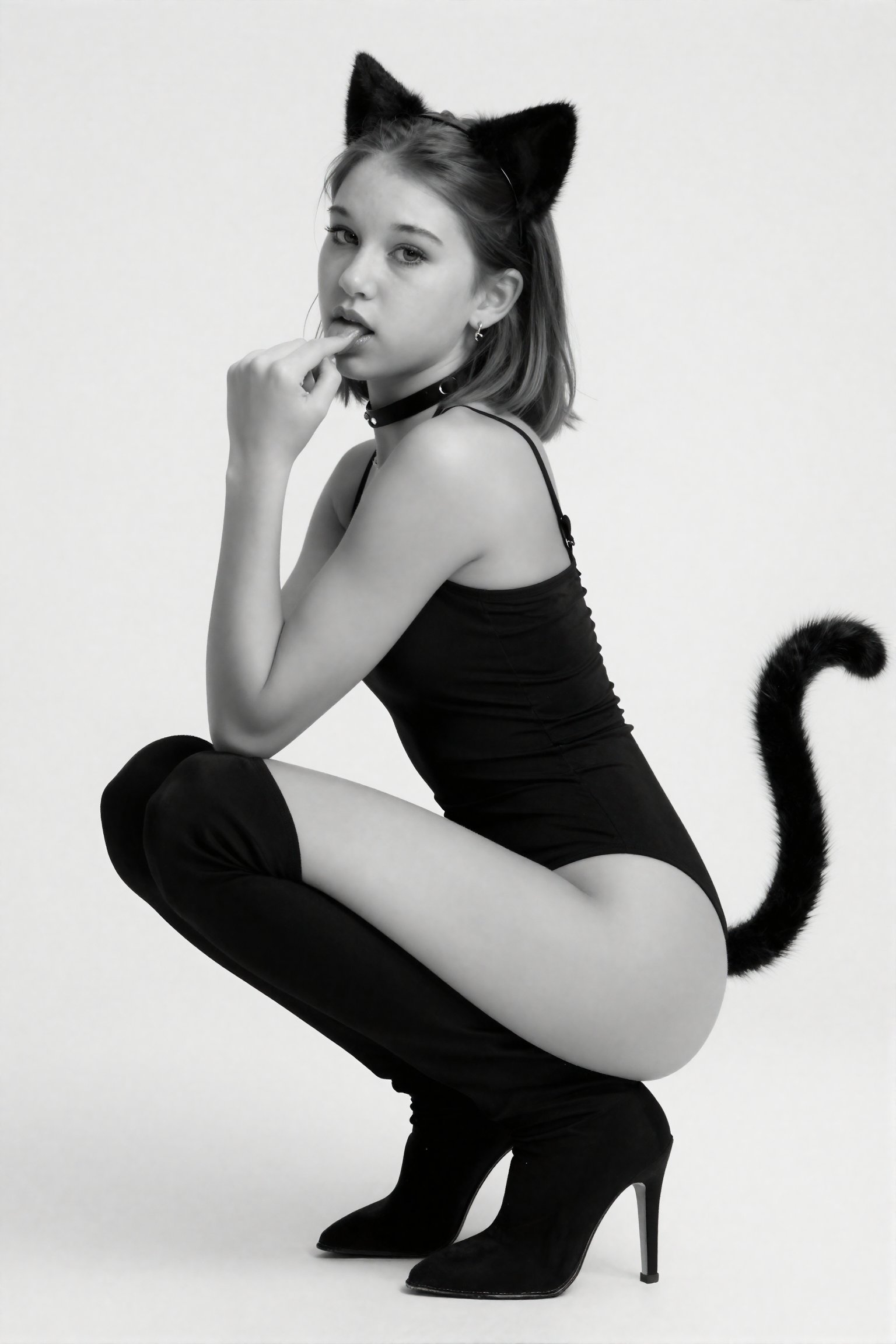 stark b&w photo of A young girl wearing a black,  form-fitting,  sleeveless bodysuit and high-heeled boots. She is crouche...